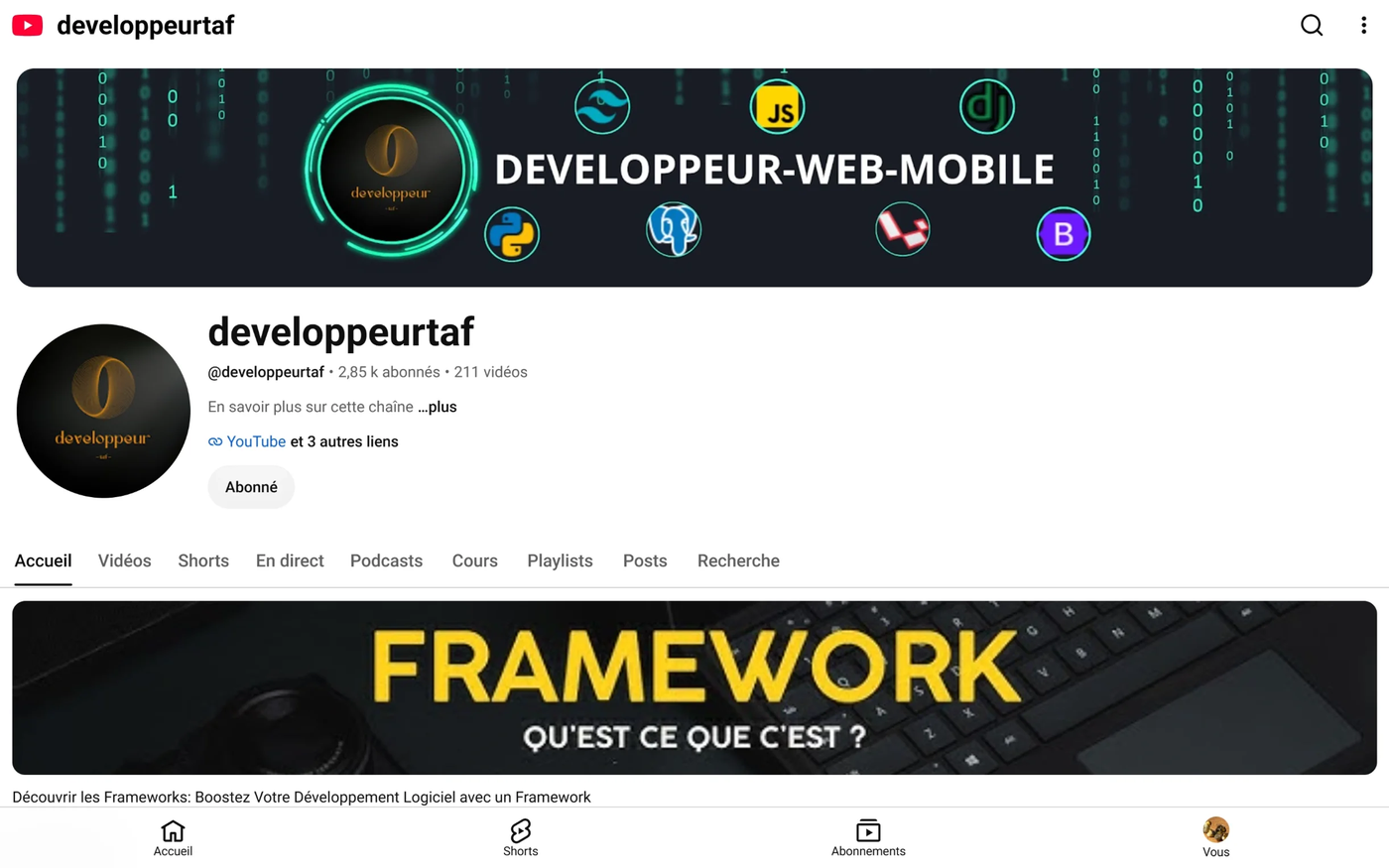 Chaîne YouTube — developpeurtaf